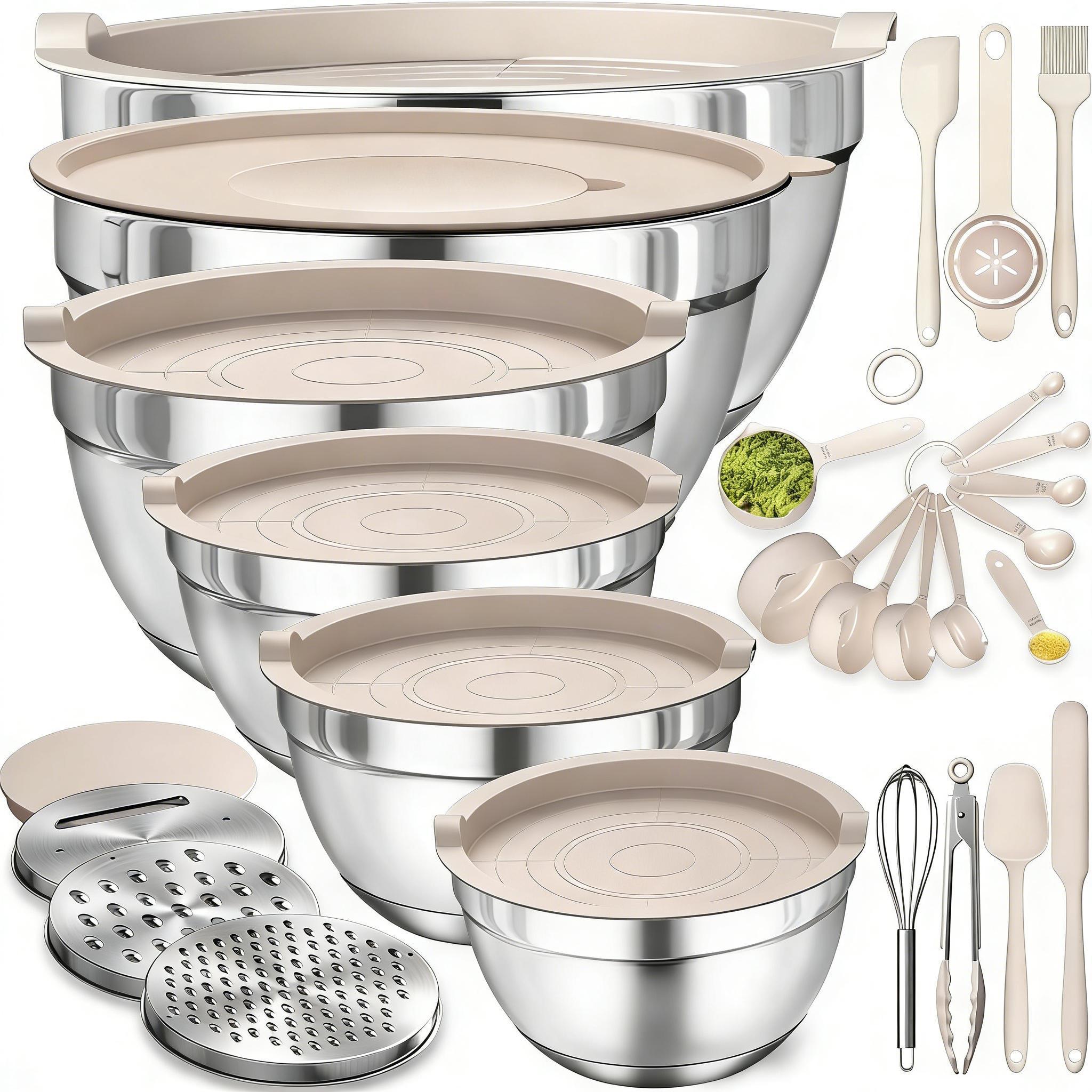 21Piece Mixing Bowls Set with Airtight Lids 7 Stainless Steel Kitchen Bowls 3 Grater Attachments Multifunctional Prep Bowls for Baking Serving Cooking Food Storage Space Saving Nesting Bowls for Home Kitchen