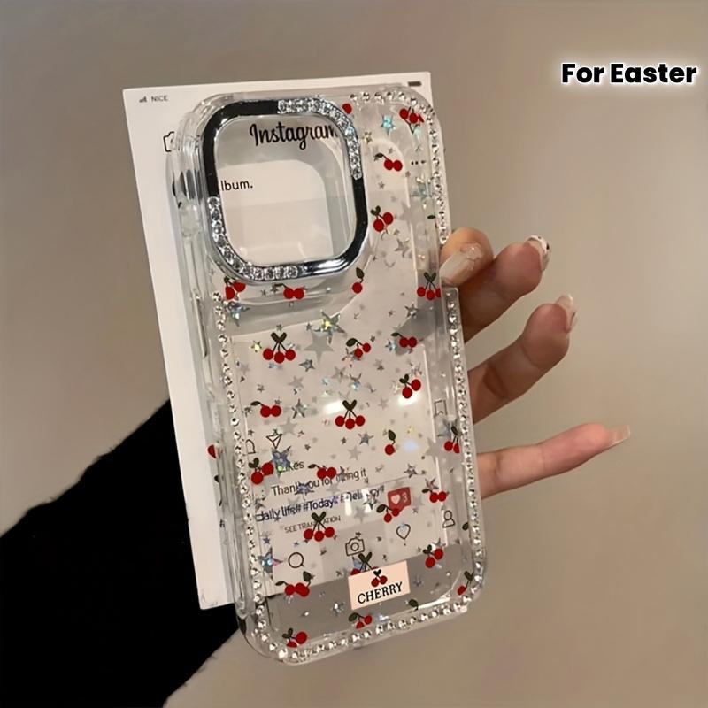 A Full-Screen Cherry Phone Case Featuring a Large Hole Rhinestone Frame with Stars, Designed for Iphone17 16 Pro Max, 15 Plus, 14, 12. This Protective Cover Makes a Great Gift for Christmas, New Year, Easter, And Halloween