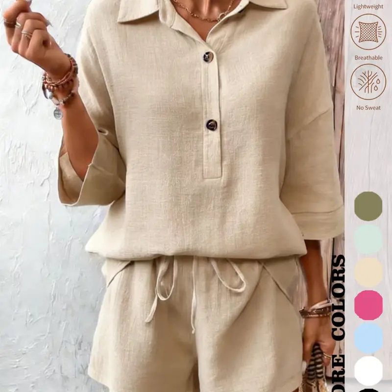 Spring & Summer Women's Casual Loose Fit Plain Basic Button Front Shirt & Above Knee Shorts Set, Elegant Breathable Light Fabric Daily Outfit Clothes