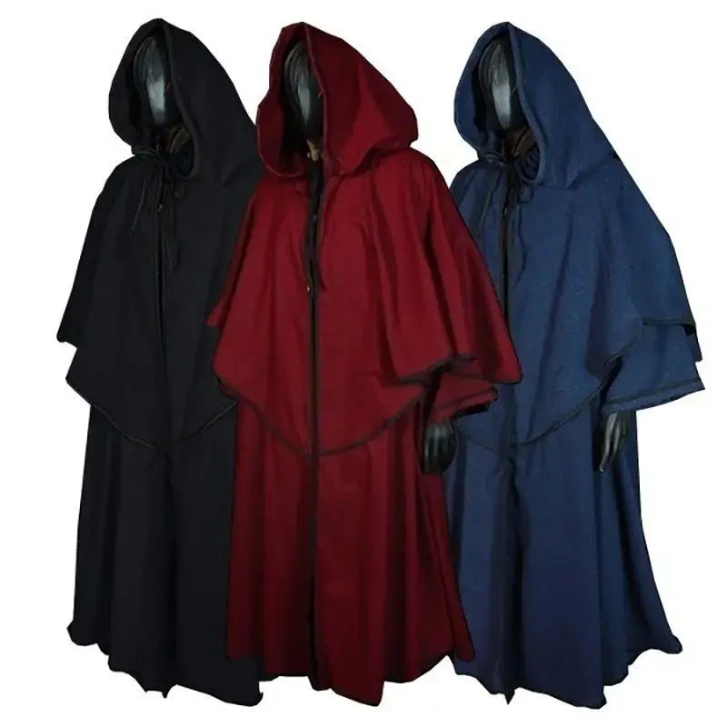 Men's Original Oversized Hooded Long-Sleeved Medieval Renaissance Cape Robe - Classic Textured Fabric Menswear, Wizard Cosplay Costume, Wedding Occasion Wear, Mask & Sword Compatible Accessories