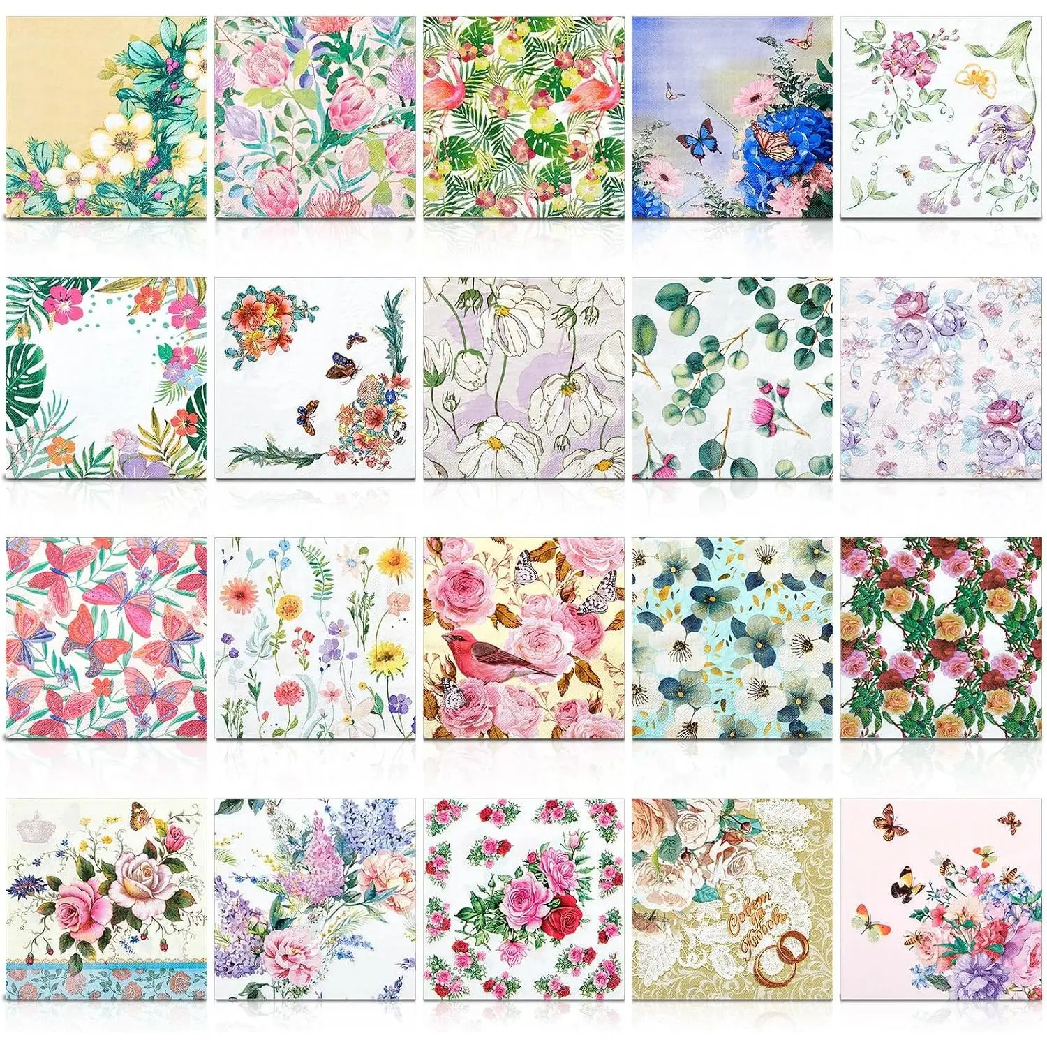 20 Pack Decoupage Napkins Floral Napkins Flower  Paper Decorative Toilet for Valentine's Day Birthday Party Beautiful Gorgeous, 20 Styles Each 6.5 Inches(Style 1)