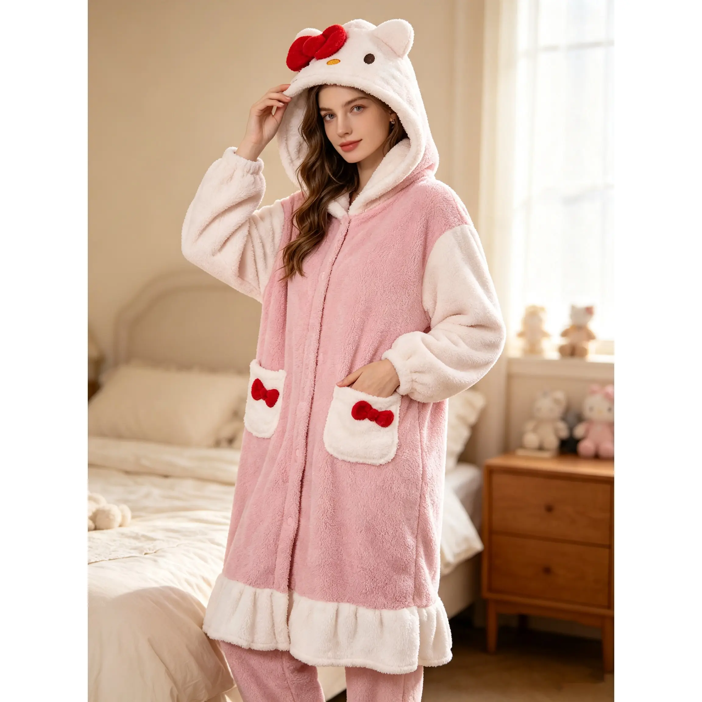 Cute Cartoon Cat Coral Fleece Nightgown for Women| Thick Warm Winter Sleepwear Dress| Hooded Robe Pajama Lounge Dress