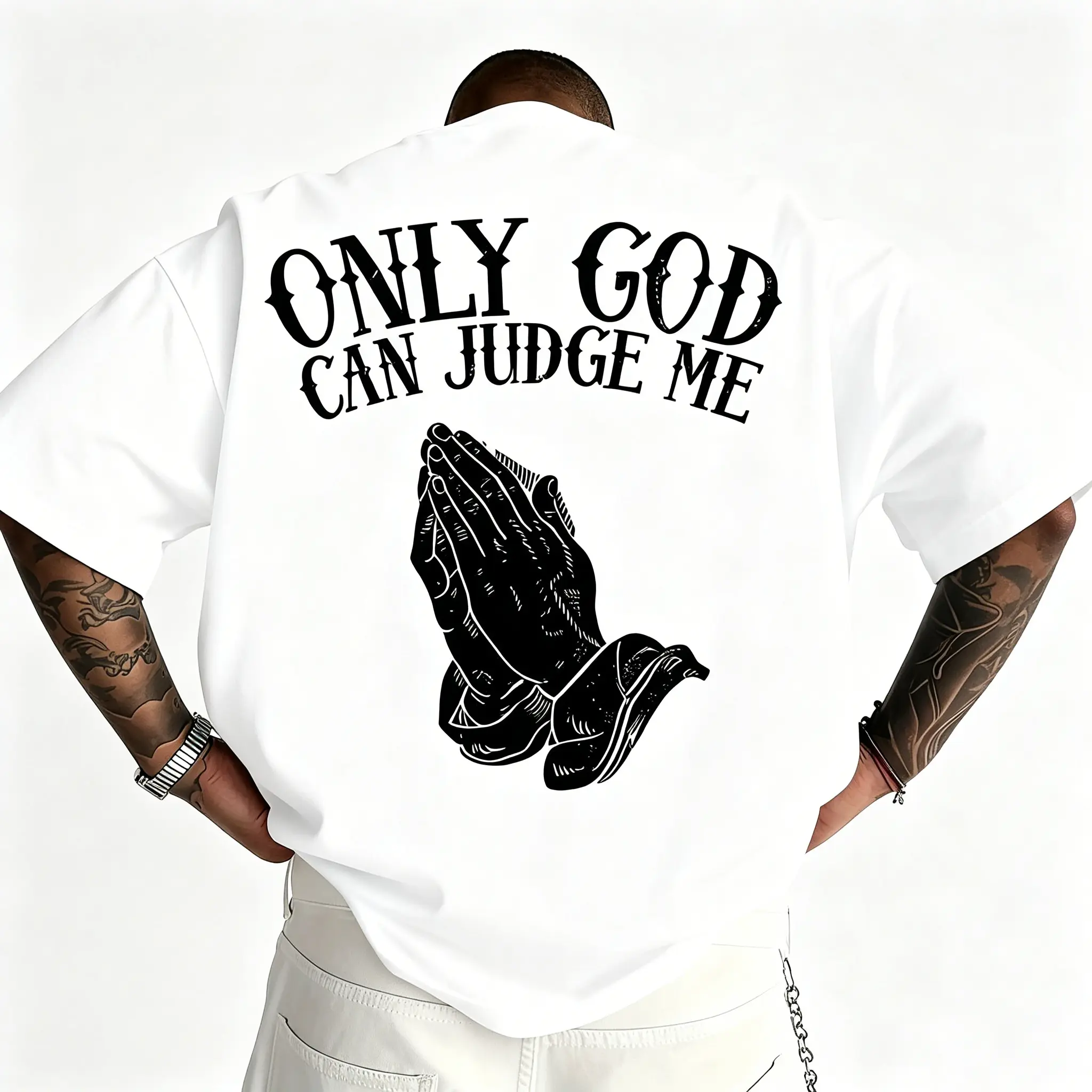 Men's Baggy Graphic T-Shirt with Praying Hands Print, Stylish Oversized 100% Cotton Shortsleeve Top for a Casual Vibe, Loose, Round Neck, Tops, Breathable, Unisex Look, Prayer Print, All Season, Menswear, Tshirt