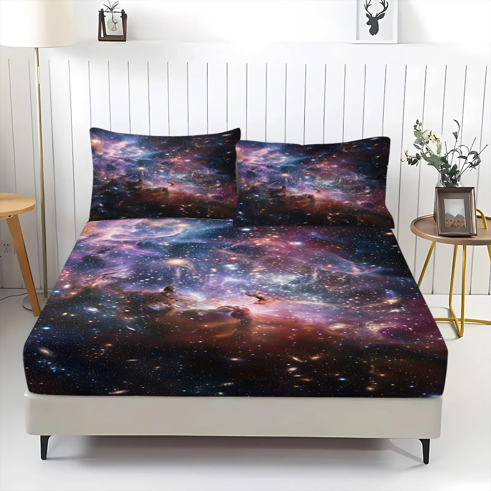 3-Piece Cosmic Starry Sky Fantasy Style Fitted Sheet Set, Machine Washable, Mattress Protection Design, Suitable for All Ages, Four-Season Universal Bedroom Soft Furnishing (Pillow Cores Not Included)