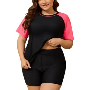Womens 2 Piece Plus Size Rash Guard Swimwear Short Sleeve Swimsuits Bathing Suit Swim Shirt and Shorts UPF 50+(Gift)