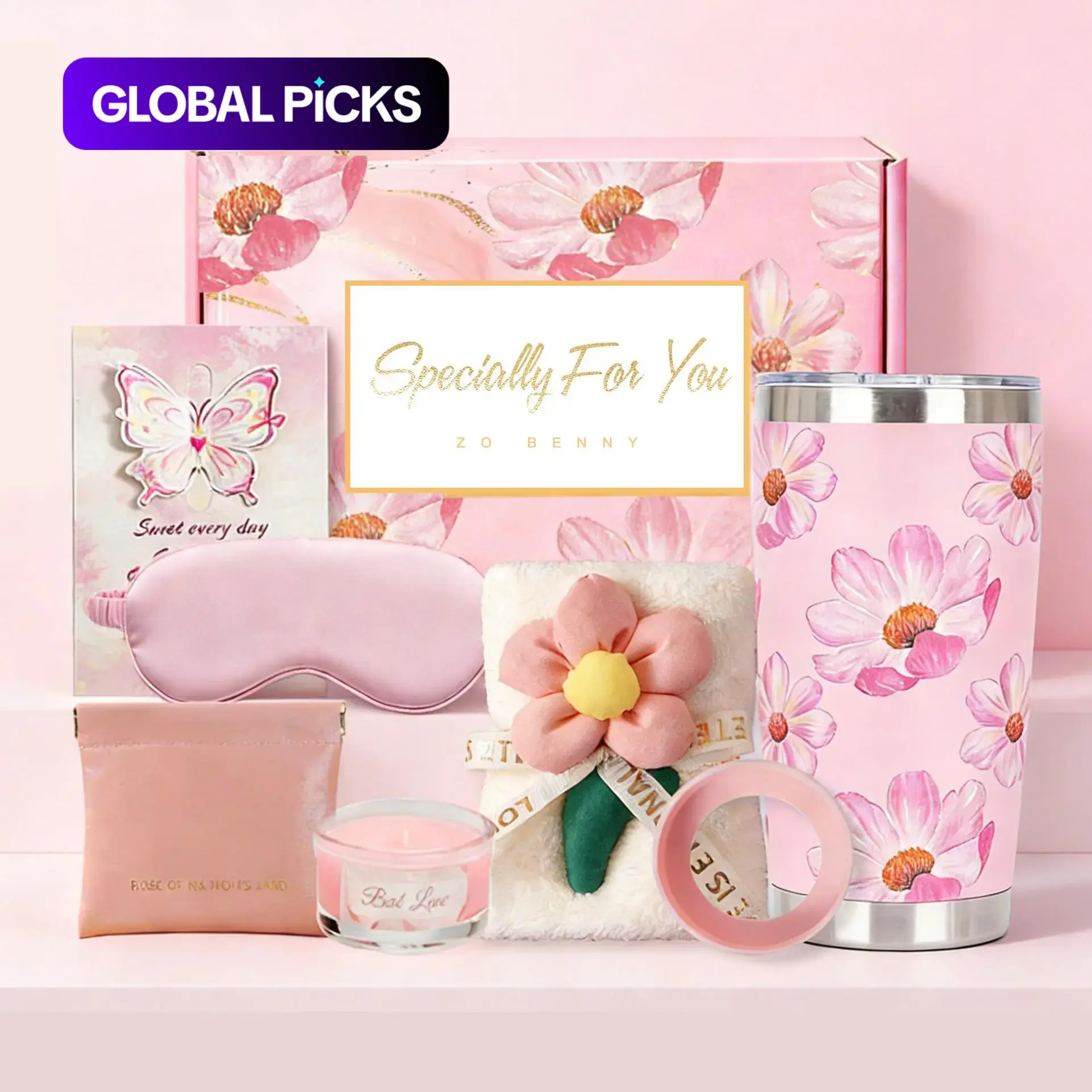 2026 Gift for Women, Premium Floral Deluxe Gift Box Set, Perfect Gift Bundle, 600 mL Car Cup, Scented Candle, Makeup Bag, Silk Eye Mask, Relaxing Spa & Travel Self Care Kit for Valentine's Day, Mother's Day, Birthday and Wedding #GLOBAL PICKS