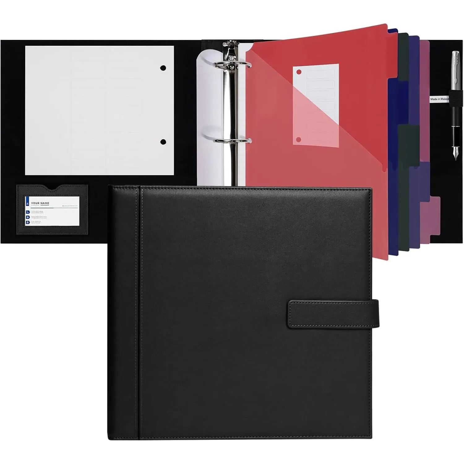 Portfolio Binder, Professional PU Leather Organizer with 1.5 Inch Rings for Students and Job Seekers, Fits 8.5 x 11 Inch Paper for Classroom Use, Black, Business Travel, Letter Size
