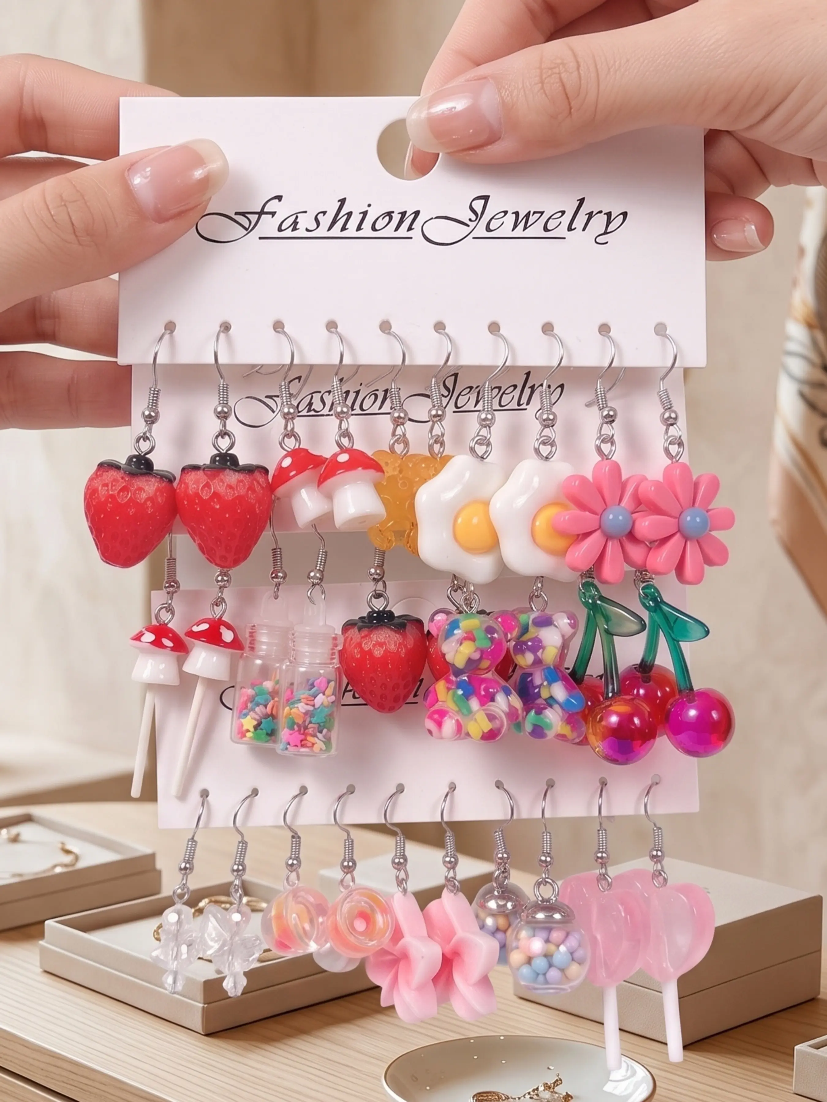 Creative Sweet Food Fruit Resin Drop Earrings Set, Strawberry Mushroom Cherry Candy Bear Flower Ear Hooks, Trendy Jewelry, Gift for Girlfriend