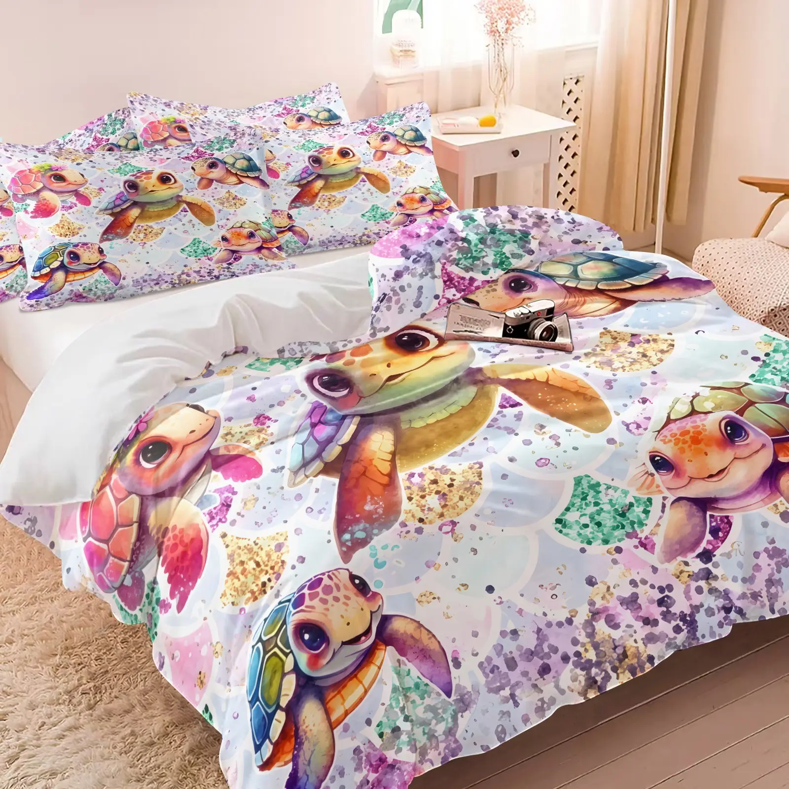 3PCS Watercolor Rainbow Sea Turtle Duvet Cover Set (1 Duvet Cover + 1-2 Pillowcases), Glitter Mermaid Scale Cute Tortoise HD Digital Print, Soft Cozy Skin-Friendly All Seasons Bedding, Perfect for Ocean Girls Kids Bedroom Decor, Decorative Bedding Set