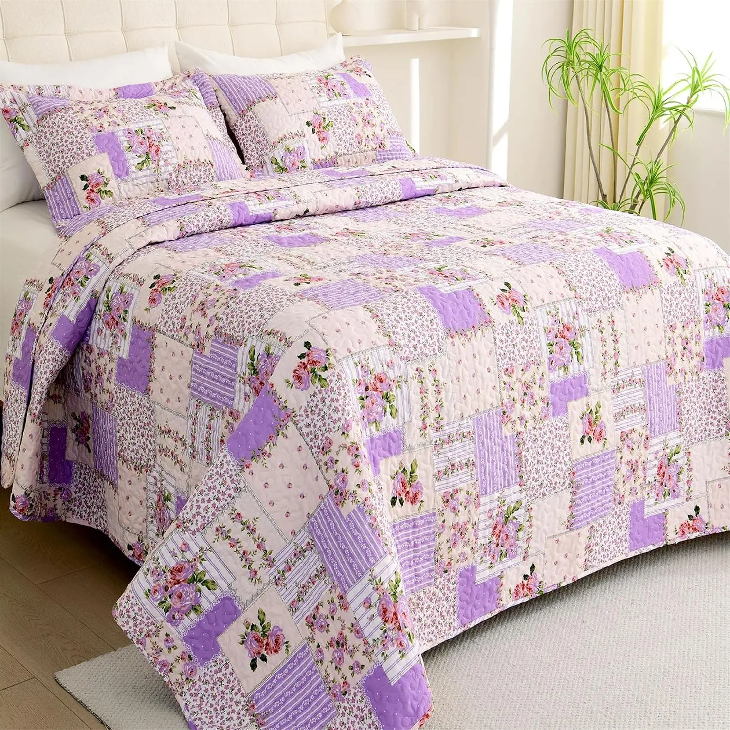 Garden Floral Quilt Bedspread  Size,Patchwork Lilac Quilt Set with 2 Pillow Shams,Summer Bedding Set for Girls Women,Soft Lightweight Bed Coverlet for  Seasons(King106x96 Lavender)