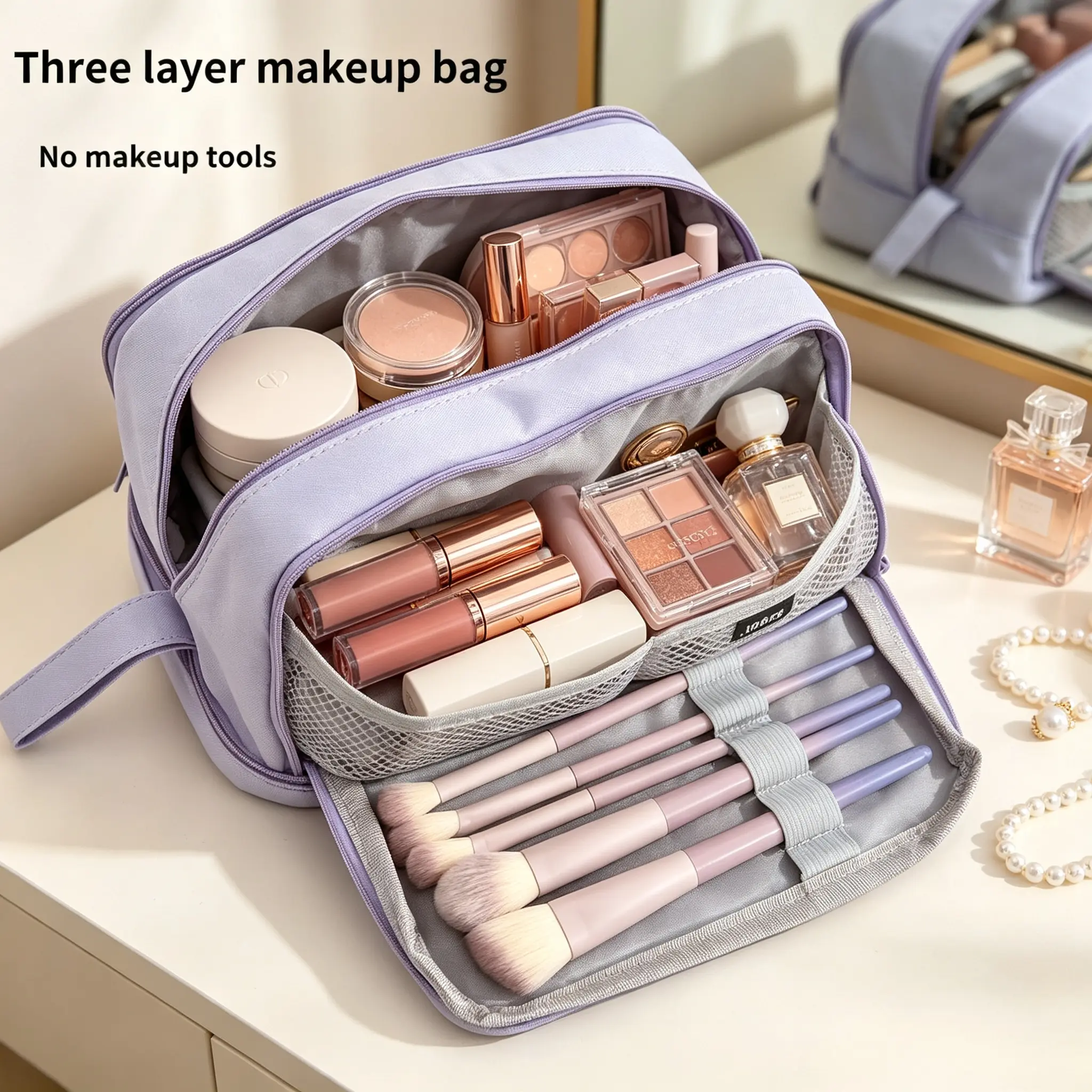 Multi functional layered makeup storage bag, portable carry on bag, business travel cosmetics compartment storage bag