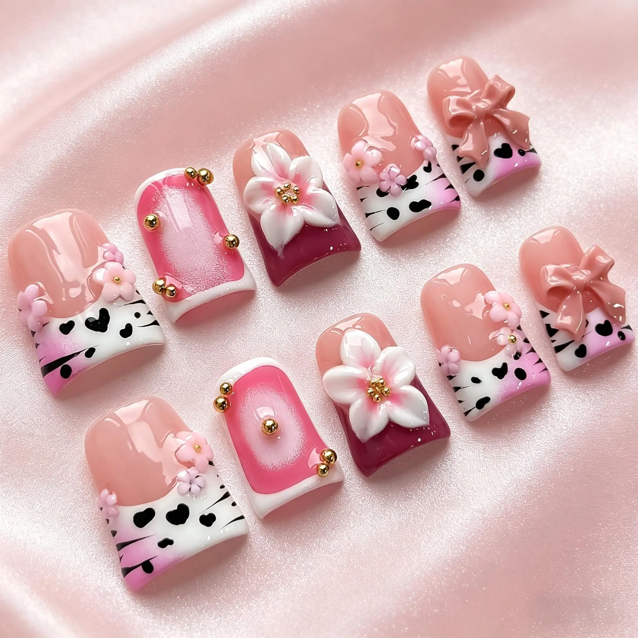 Cute Short Duck French Tip Press on Nails Handmade 3D Reusable Fake Nails with Bow Flower Rhinestones Glossy Acrylic Design Pink Stick on Nails for Women