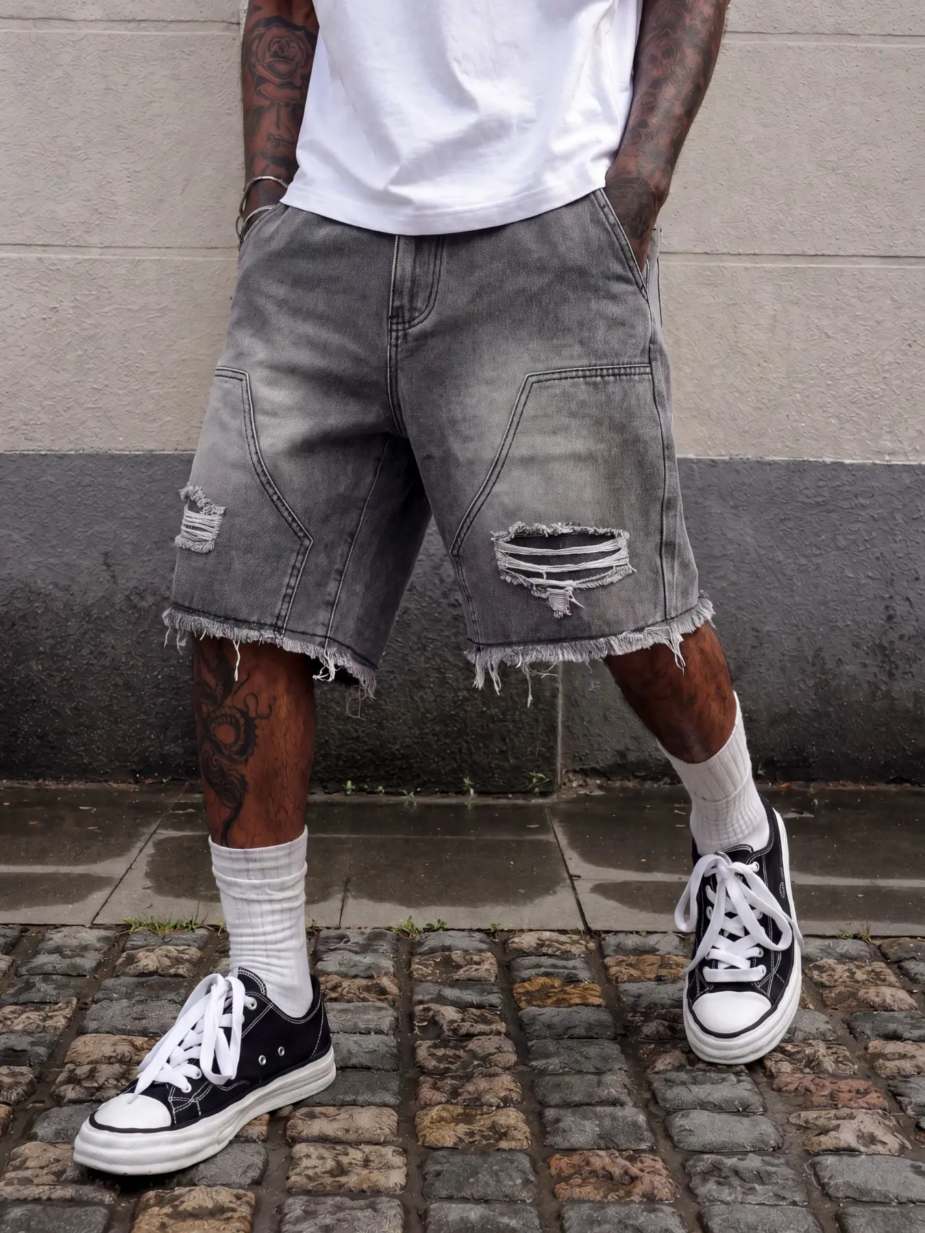 Men's Solid Color Frayed Pocket Ripped Fashion Denim Shorts, Men's Ripped Denim Shorts, Y2K Skate High Streetwear Summer Style, Suitable as a Gift for Husband or Boyfriend