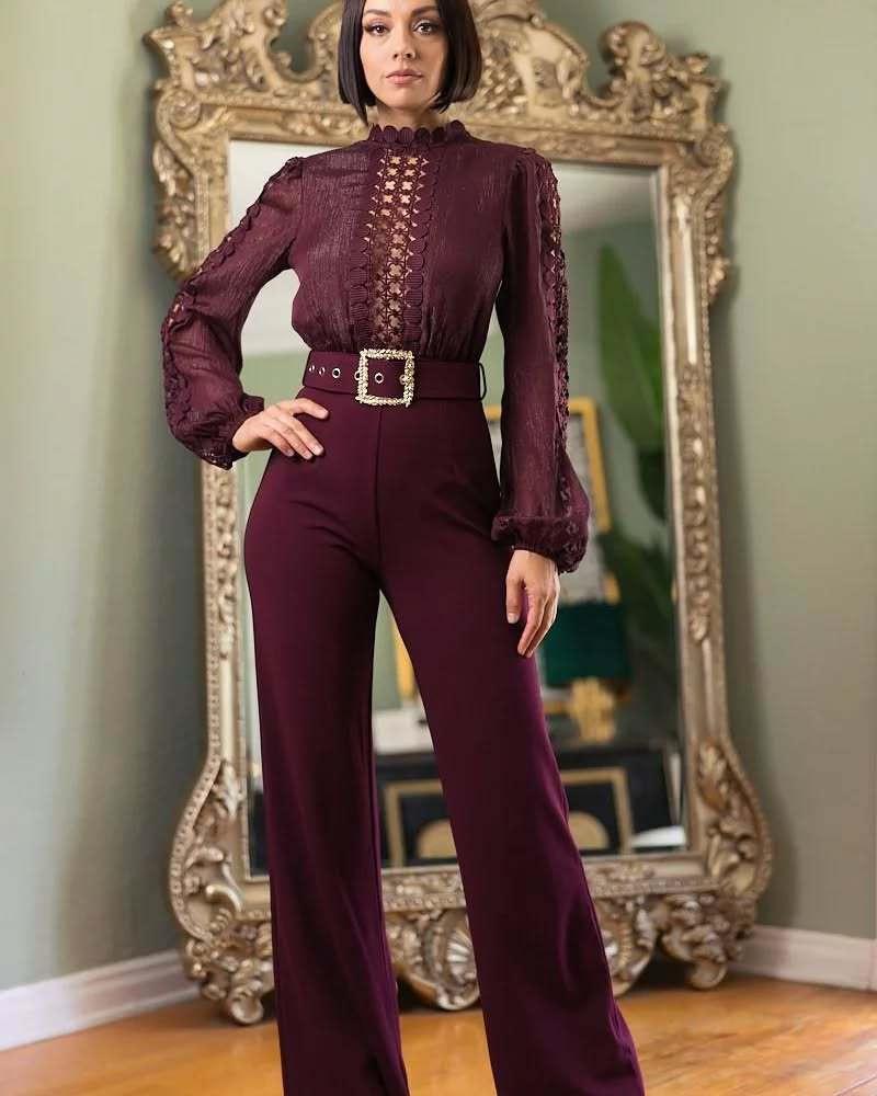 Woman Jumpsuit Birthday Long Sleeve Hollow Out High Waist One Pieces Overalls Club Party Outfits with Belt