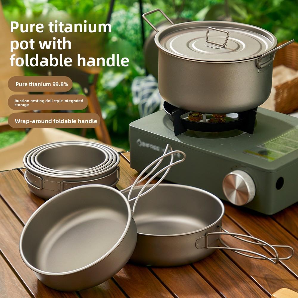 Pure Titanium Camping Cookware Set Foldable Lightweight Outdoor Pot Pan for Backpacking Hiking Picnic Cooking with Soup Frying Pot
