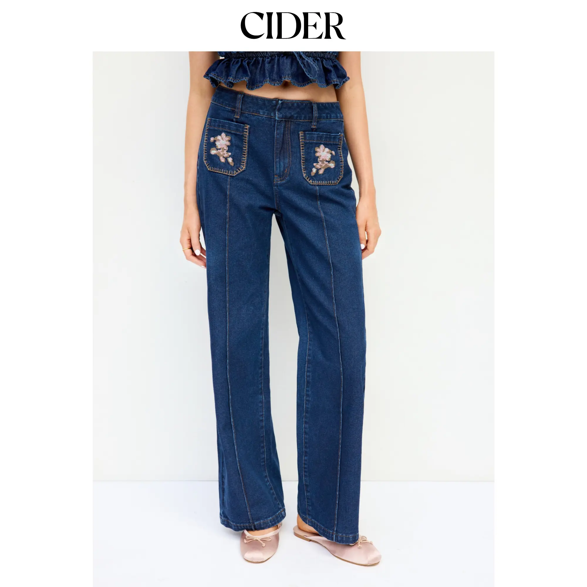 Cider Floral Embroidery High-Waist Straight Leg Denim Jeans