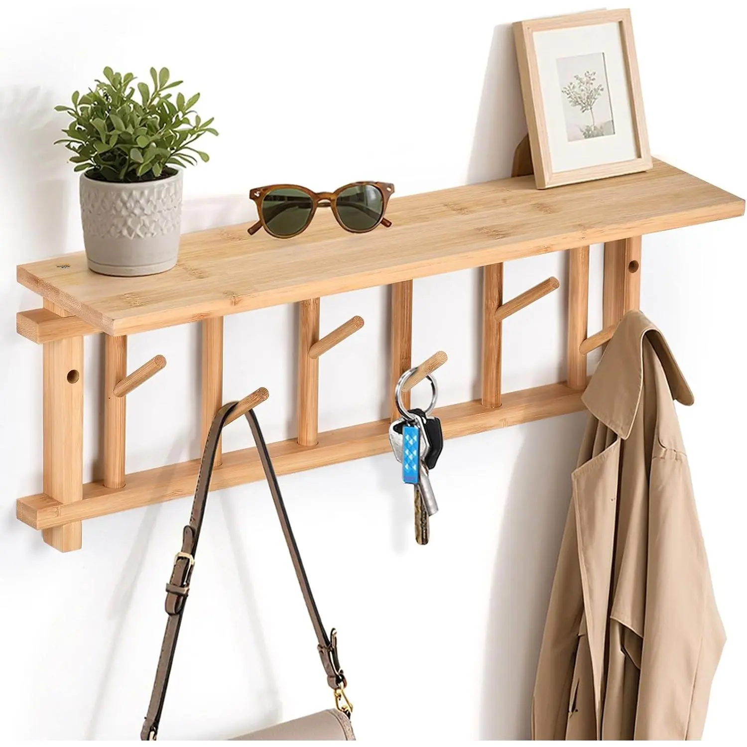 Coat Rack Wall-Mounted with Shelf Coat Hooks Wall Mount with Shelf Entryway  Shelves with 6 Rotating Hooks for Hallway/Living Room/Bedroom/Kitchen ()