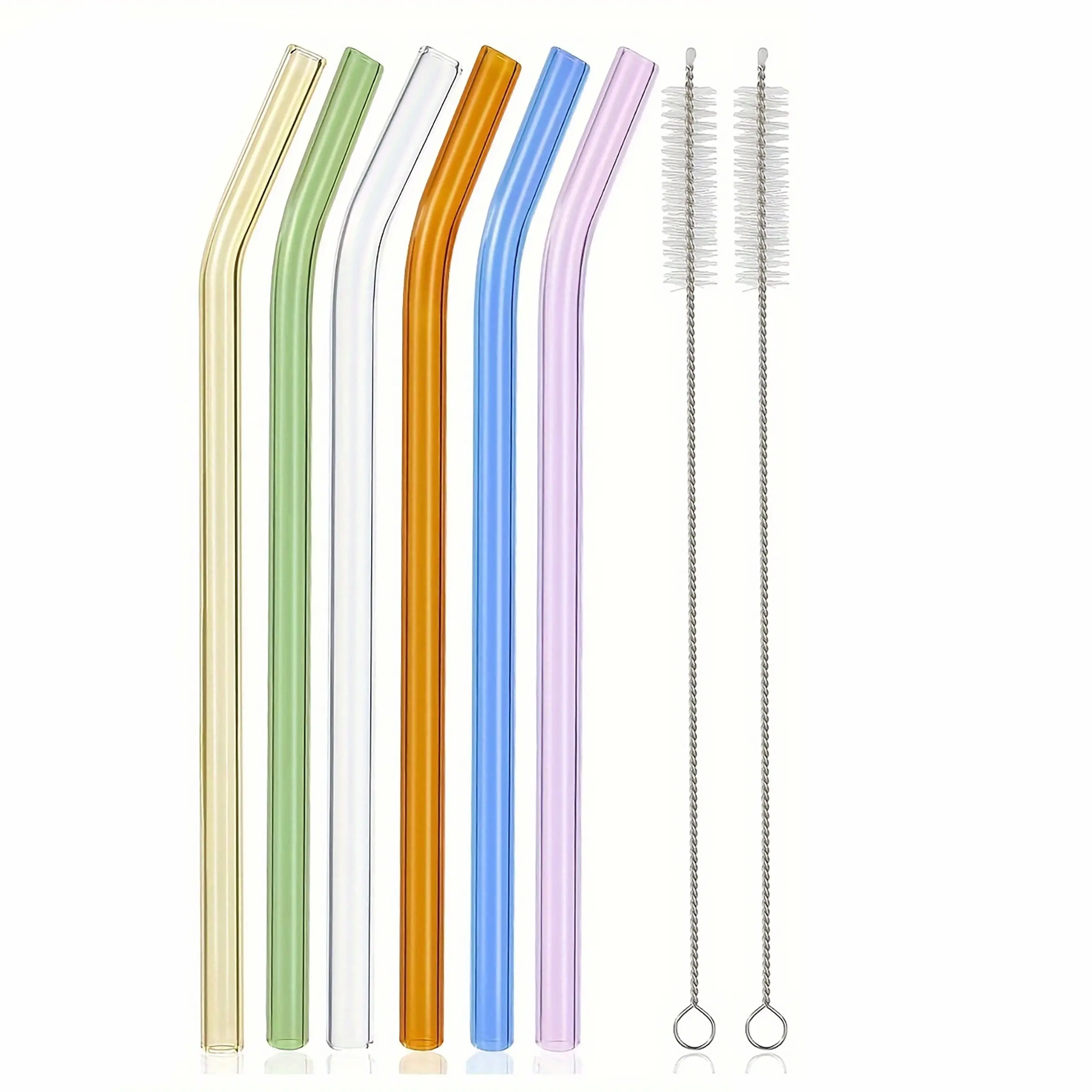 6 Reusable Colorful Glass Straws with Cleaning Brush, Heat-Resistant Borosilicate Glass, Ideal for Cocktails, Smoothies, Tea, Juice, Parties