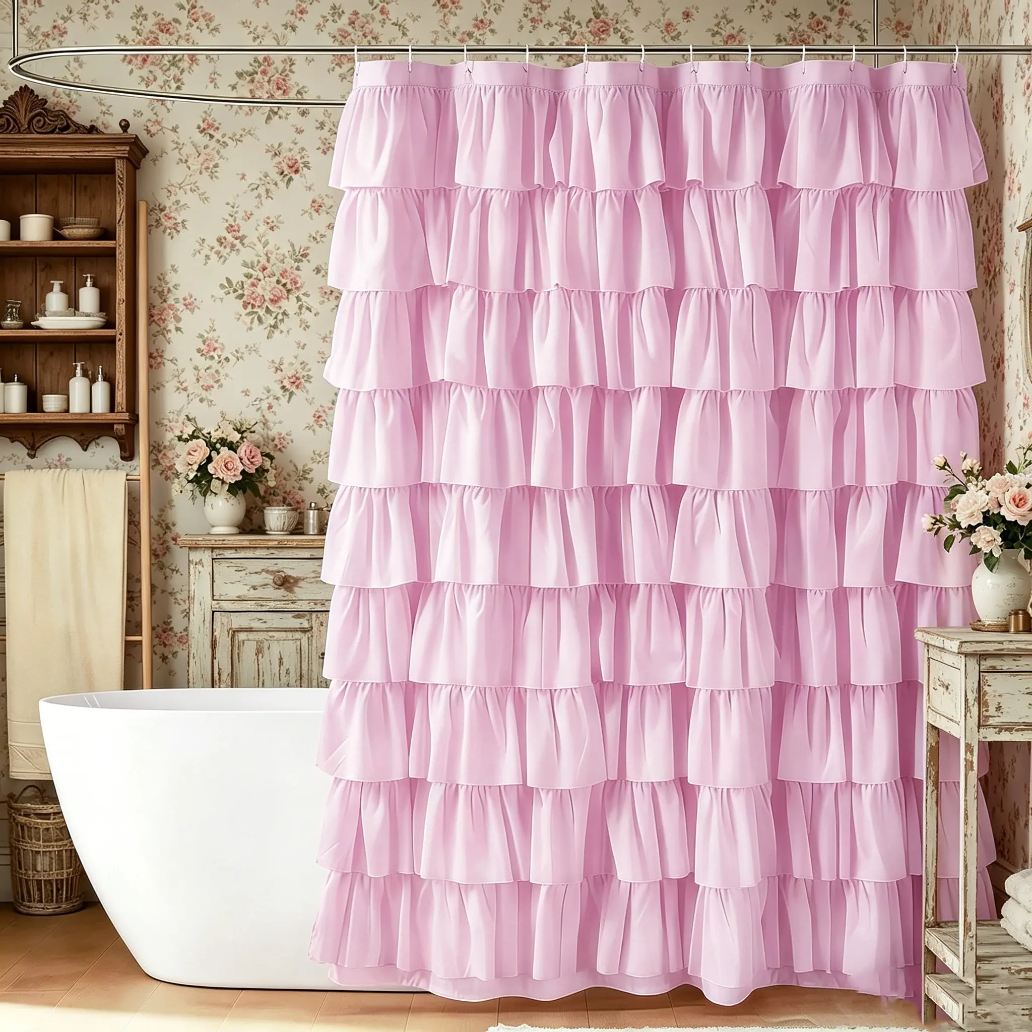 Vintage Farmhouse Pink & Purple Tiered Ruffled Shower Curtain, Soft Polyester Fabric, Aesthetic Shower Curtain, Multi-use for Bathroom, Window & Wardrobe Decor, Elegant Home Ornament, Perfect Holiday Gift