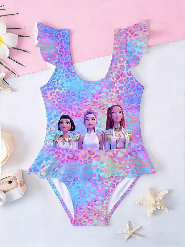 Girls Kpop Demon Hunters One-Piece Swimsuit, Colorful Polka Dot Group Image Print, Ruffled Sleeveless Swimwear, Summer Beach Wear