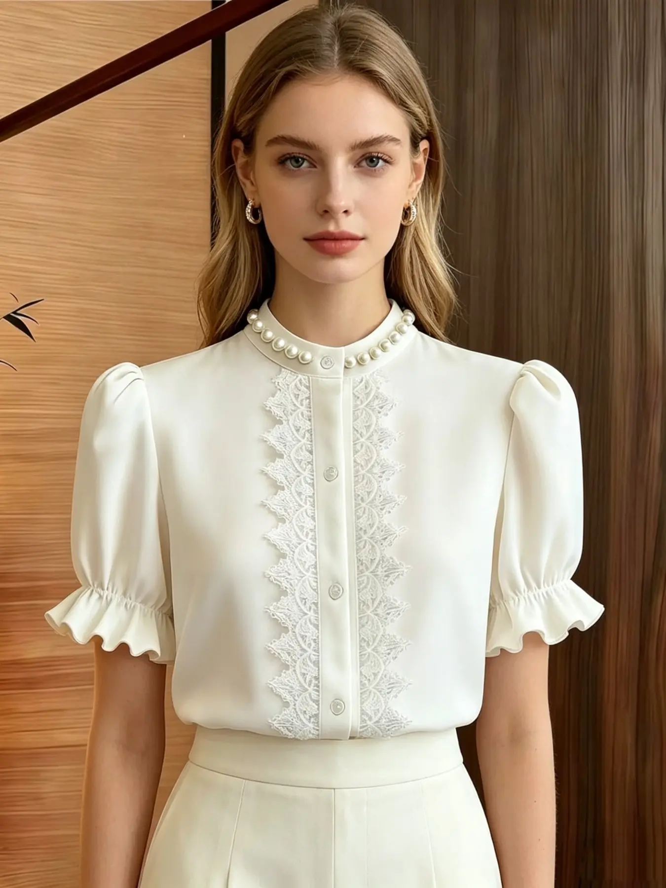 Women's Collar Pearl Decorated Button Lace Petal Sleeve Casual Blouses Shirt, Perfect for Daily Wear, Commute, Outing, Afternoon Tea, Date, Vacation