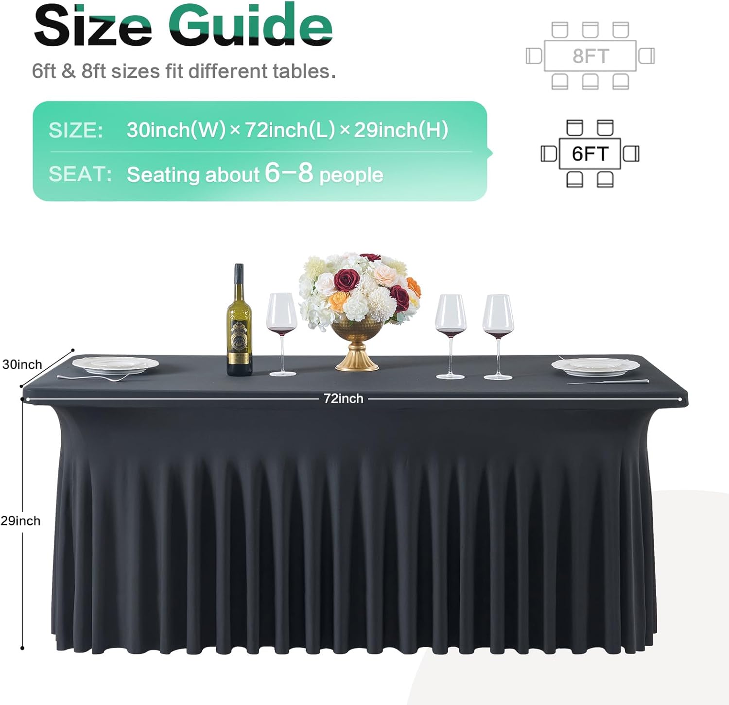 Black 6FT Spandex Tablecloth for 6FOOT Rectangle Tables, 2 Pack Stretchy Wrinkle Free Table Cloths for Parties Wedding Birthday  Shower