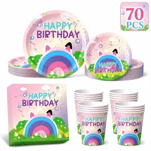 Unicorn Party Supplies Set for 20 Kids, 70-Piece Rainbow Cat Birthday Disposable Plates Cups Napkins, Complete Party Dining Decor