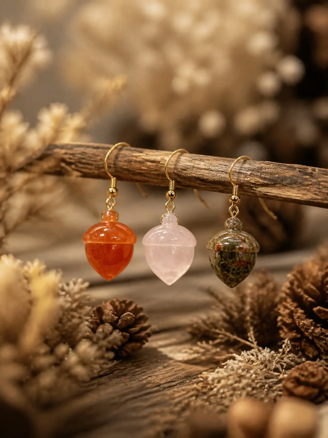 Pink crystal acorn pendant earrings, cute and natural style earrings, vintage and unique jewelry, fashionable gift.