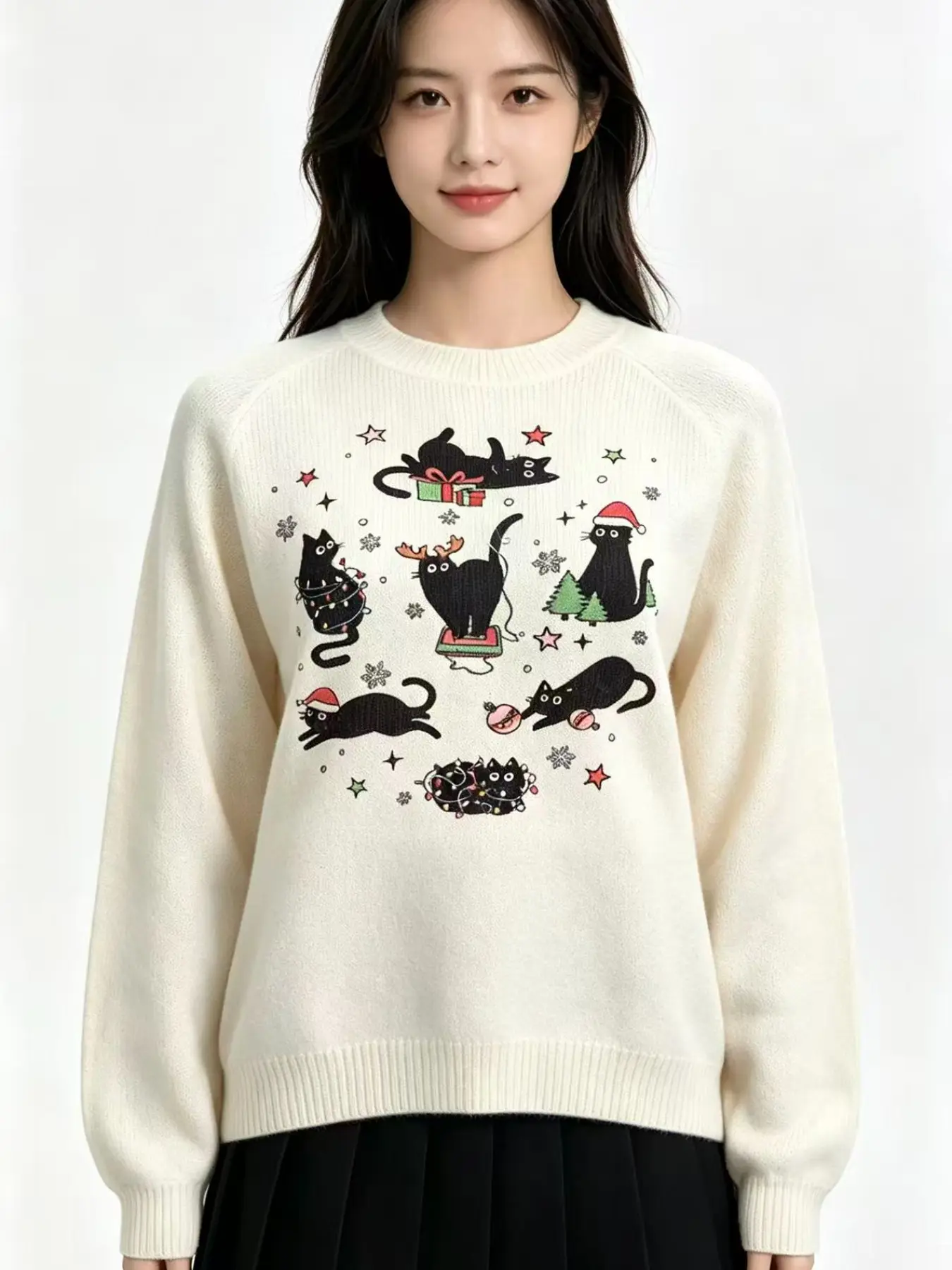 Cute Cat Print Knit Sweater for Women, Loose-Fitting Soft Skin Friendly, Casual All Seasons Daily Commuter Top, Slimming Simple Style, Casual Knitwear Sweater