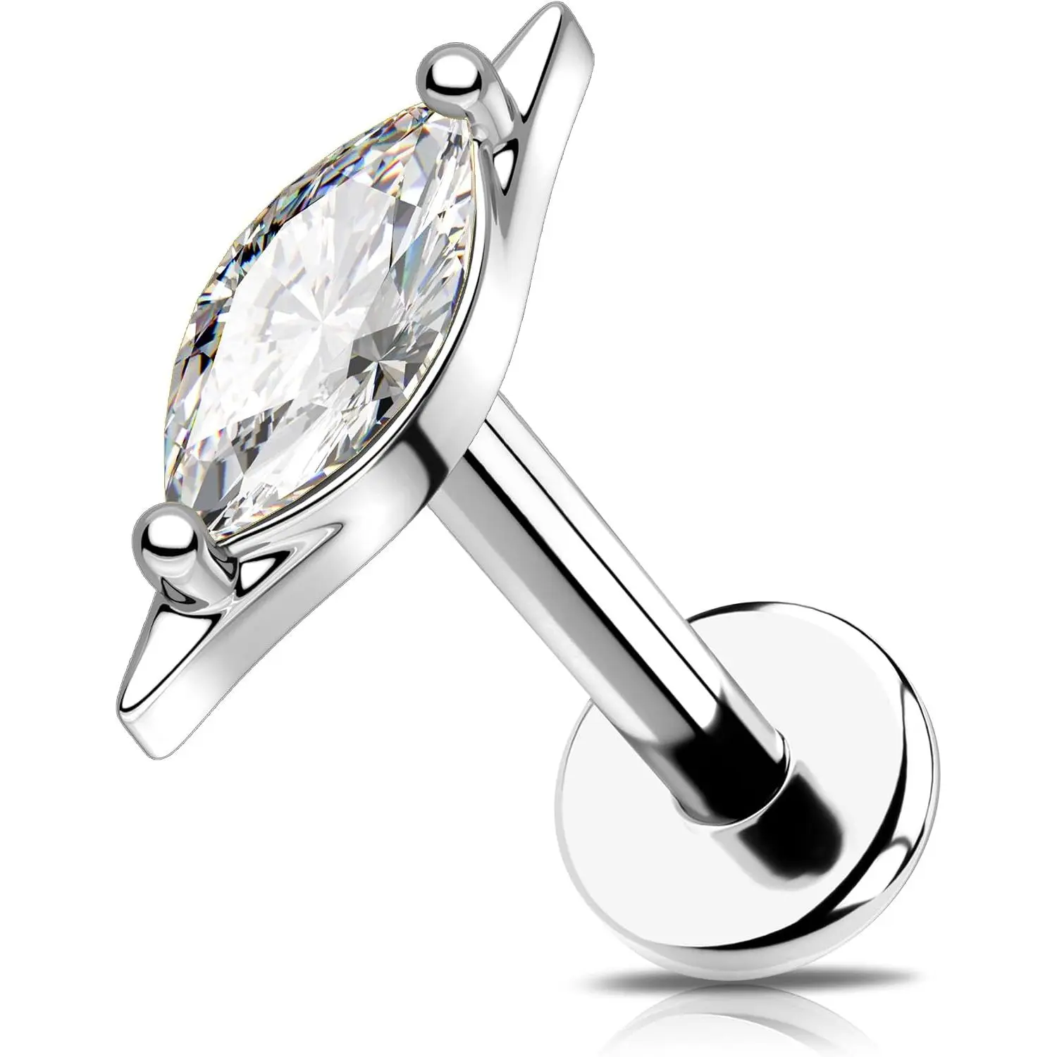 18G G23 Titanium Threadless Flat Stud, 6mm Marquise CZ Minimalist Body Jewelry for Cartilage Helix Tragus Ears