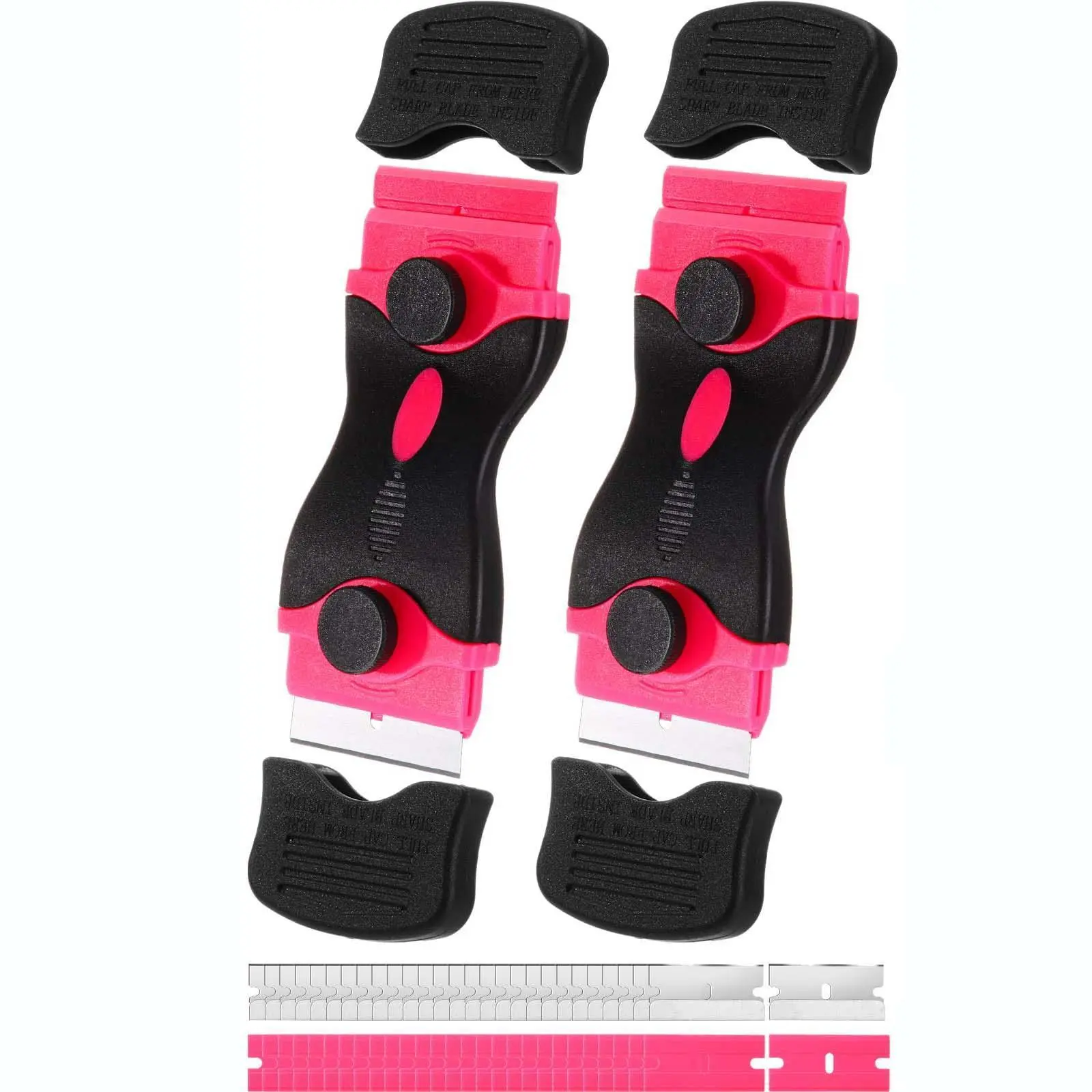 42-Piece Pink Double Razor Blade Scraper Tool Set - 2 Curved Handle 2-in-1 Removers, 40 Metal & Plastic Blades for Construction, Bathroom, Multi-Surface Home Improvement Tasks