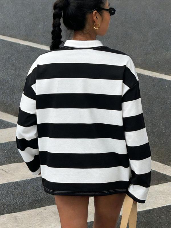 Women's Oversized Black & White Striped Polo Shirt, Casual Long-sleeve Collared Top, Y2K Streetwear Style, Perfect for Daily Street Outings & Coffee Dates