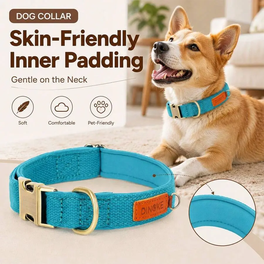 Vintage Brushed Copper Alloy Buckle Heavy-Duty Pet Collar, Flexible Webbing Collar, Comfortable Neoprene Lining Dog Collar Protects Fur, Adjustable Dog Neck Collar, Suitable For Small And Medium Dogs For Home/Outdoor/Hiking/Training