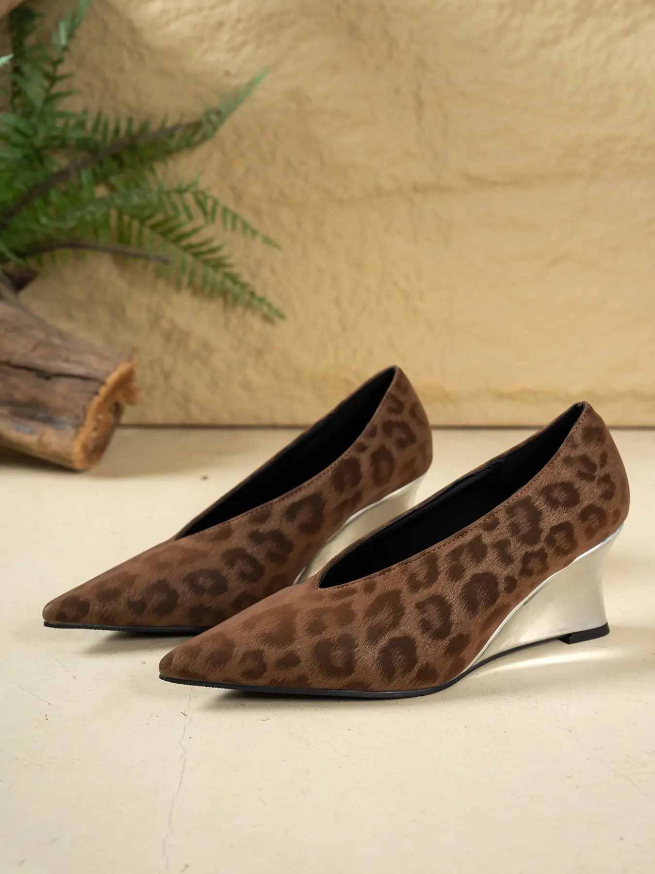 Brown Black Leopard Pointed Wedge Heel Shoes Elegant Low Cut Slip On Office Commute Footwear