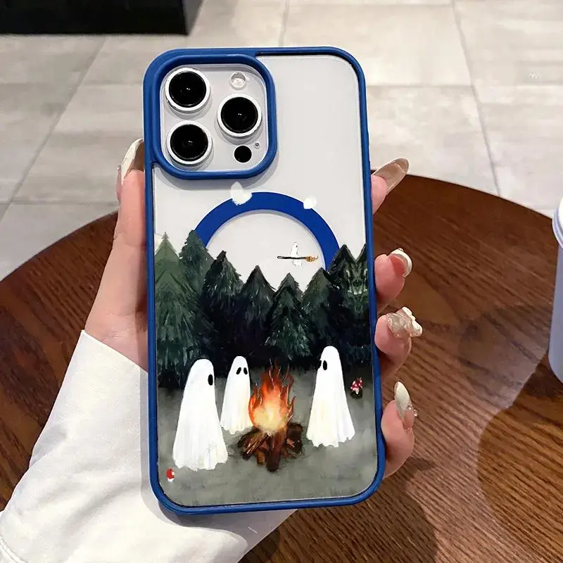 Magnetic Phone Case for IP18 17 16 Plus 15 14 13 12 11 Pro Max Air E and SAMS Galaxy Ghosts' Campfire Gathering Pattern Acrylic Back TPU Edges Clear support wireless charging Bumper Cover for Girl
