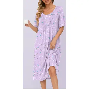 Nightgowns for Women Short Sleeve House Dresses with Pockets Pleated Moo moos Floral Print Mumu Dress