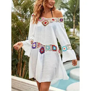 [New Summer Dress] Summer Floral V-Neck Crochet Beach Dress| Patchwork Sun-Protective Cover-Up, Fashionable Vacation Style