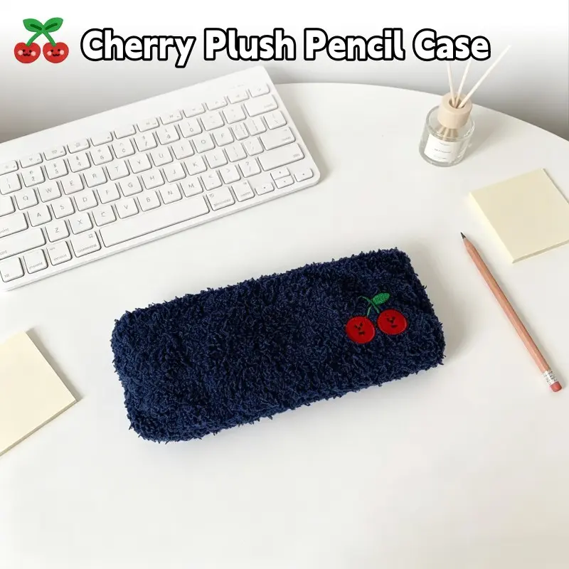 Vintage Cherry Embroidered Plush Pencil Case, Large Capacity Student Stationery Bag, Korean Style Soft Storage Pack, Durable Dark Color