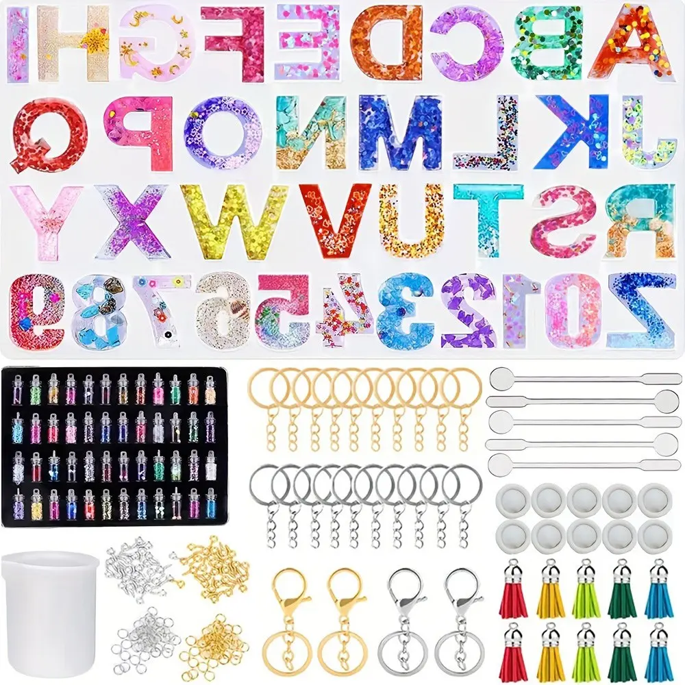 252pcs Alphabet & Number Resin silicone Mold Kit with Silicone Molds - Includes Colorful, Patterned Letters, Keychain Components & Tool for DIY Keychains & House Numbers