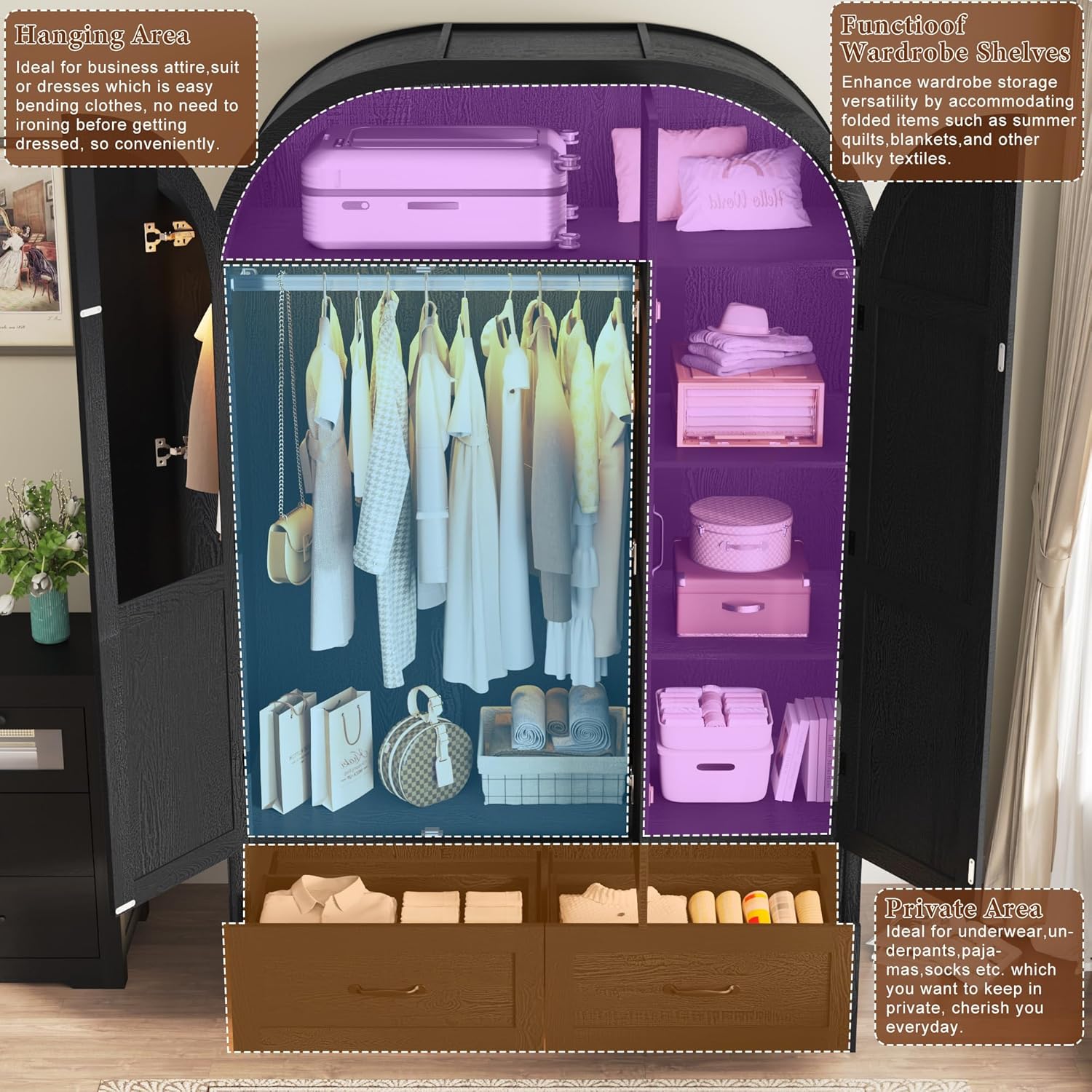 3 Doors Armoire Wardrobe Closet with Mirror and Lights, 71" Farmhouse Arched Wooden Wardrobe Cabinet with 2 Drawers,Hanging Rod, Clothing Storage Closet Cabinet for Bedroom,Light Rustic Oak/Black 3 Doors Armoire Wardrobe Closet with Mirror and Lights, 71" Farmhouse Arched Wooden Wardrobe Cabinet with 2 Drawers,Hanging Rod, Clothing Storage Closet Cabinet for Bedroom,Light Rustic Oak/Black