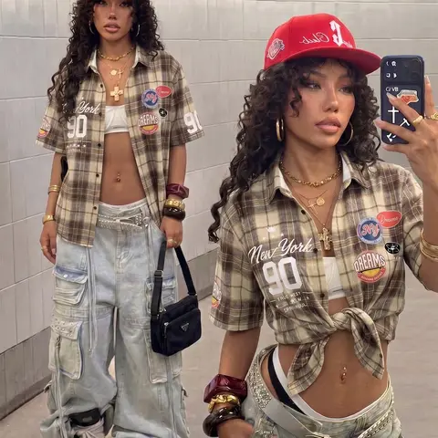 Unisex Y2K Plaid Short Sleeve Shirt, Loose-Fitting Oversized Streetwear, Vintage Badge Print, Summer Casual Top, Oversized Street Style