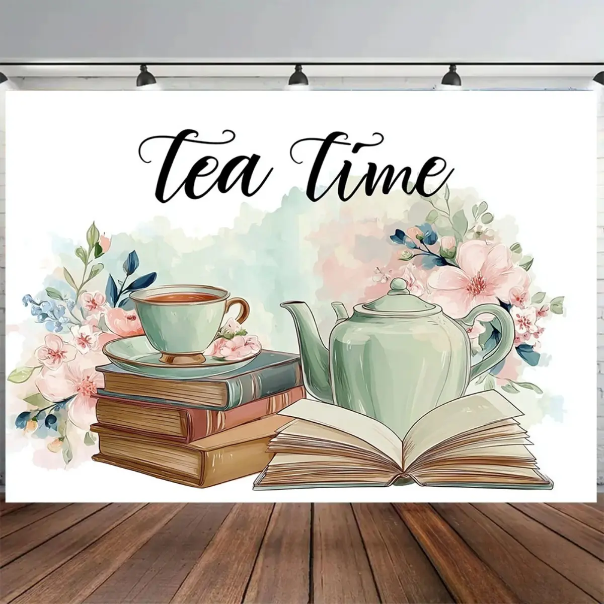 Floral Tea Party Backdrop Banner, Premium Polyester Photography Background, Garden Celebration Decoration, Event Backdrop, Photo Booth Props, Indoor Outdoor Use