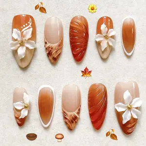 30pcs Almond Short False Nails, Gentle Maple Leaf Atmosphere, Peach Gradient + 3D Floral + French Edge, Detachable Nail Art
