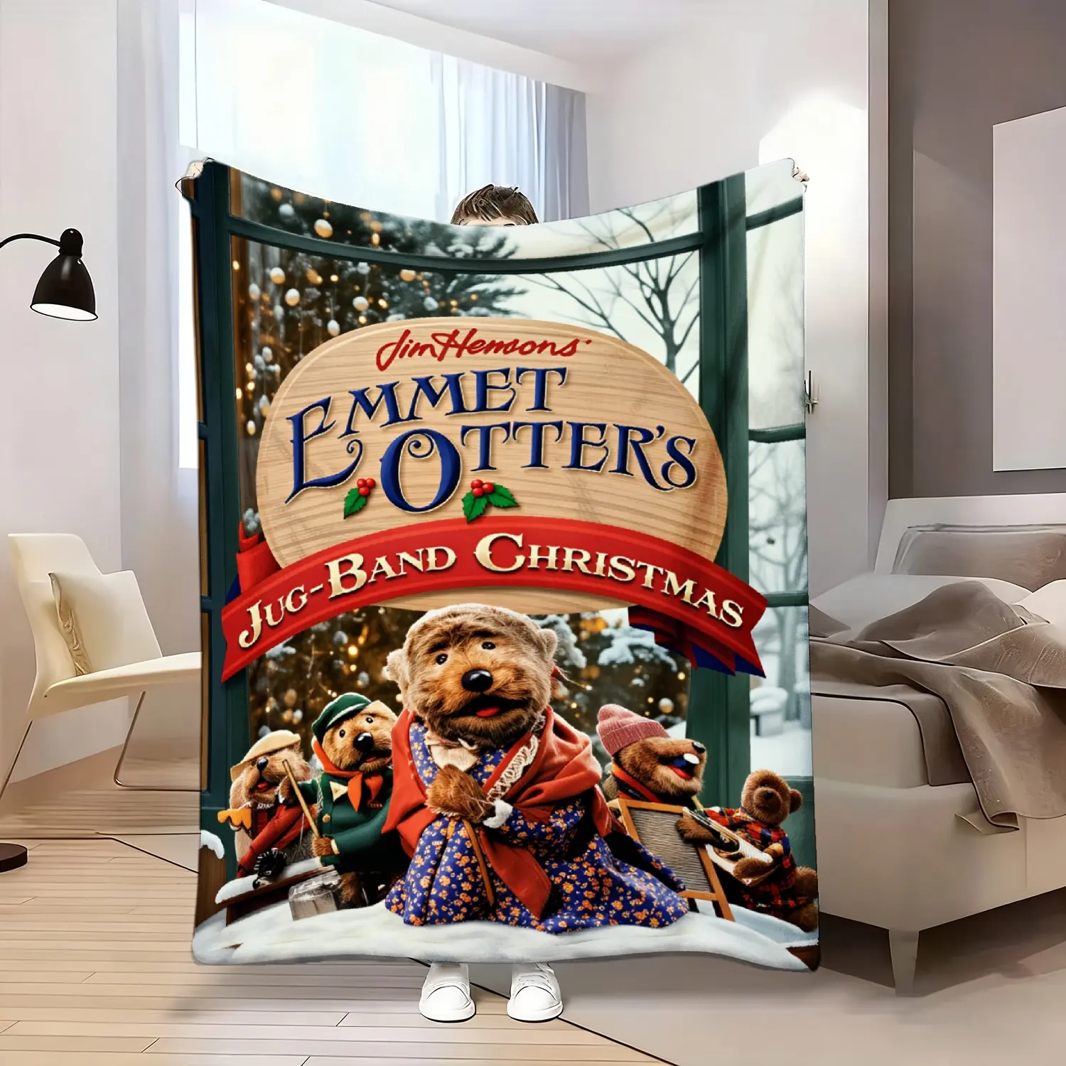 Emmet Otter Jug Band Christmas Flannel Throw Blanket - Classic Jim Henson Vintage Retro Soft Warm Blanket for Neutral Palette Home/Room/House Decor, Gift for Holiday Fans, Room Decor, Christmas Festive