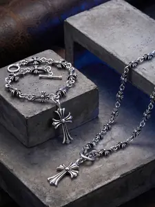 Vintage Gothic Cross Jewelry Set, Stainless Steel Retro Silver Tone Cross Chain Necklace & Bracelet Combo, Hypoallergenic Waterproof Punk Religious Statement Jewelry, Masculine Streetwear Gift for Him, Jewellery Gift Set