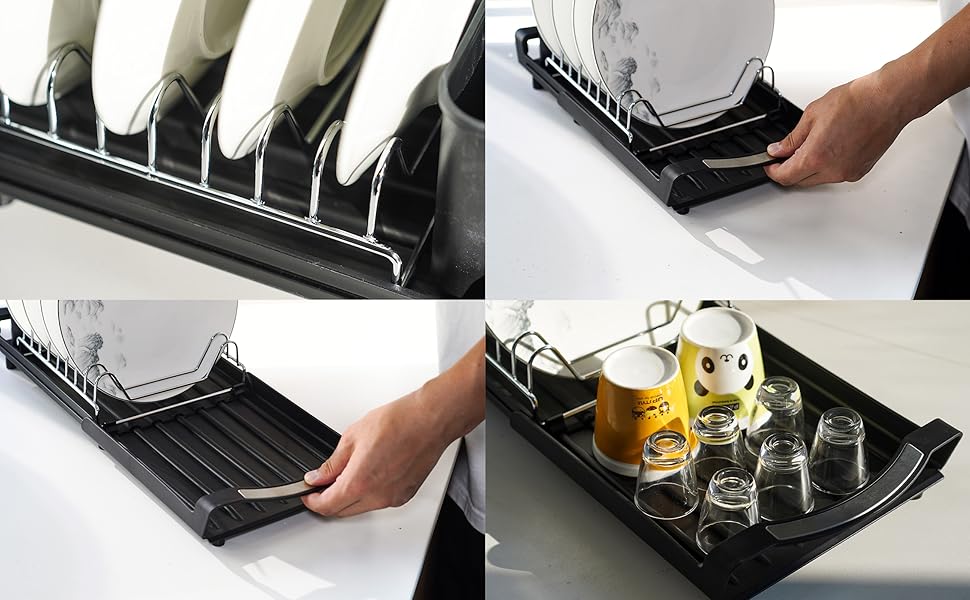 Over The Sink Dish Drying Rack, Adjustable Expandable Kitchen Sink Organizer (11.42-19.9 Inch), Heavy Duty Metal Dish Drainer with Utensil Holder, Space Saving, Black