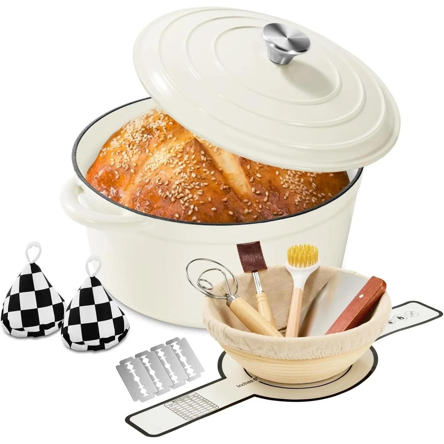 Enameled Cast Iron Dutch Oven with Lid 6.5 QT, Incl. Sourdough Bread Baking Supplies Banneton Proofing Basket, Heavy Duty Cookware for Baking Stews Roasting, Cream White
