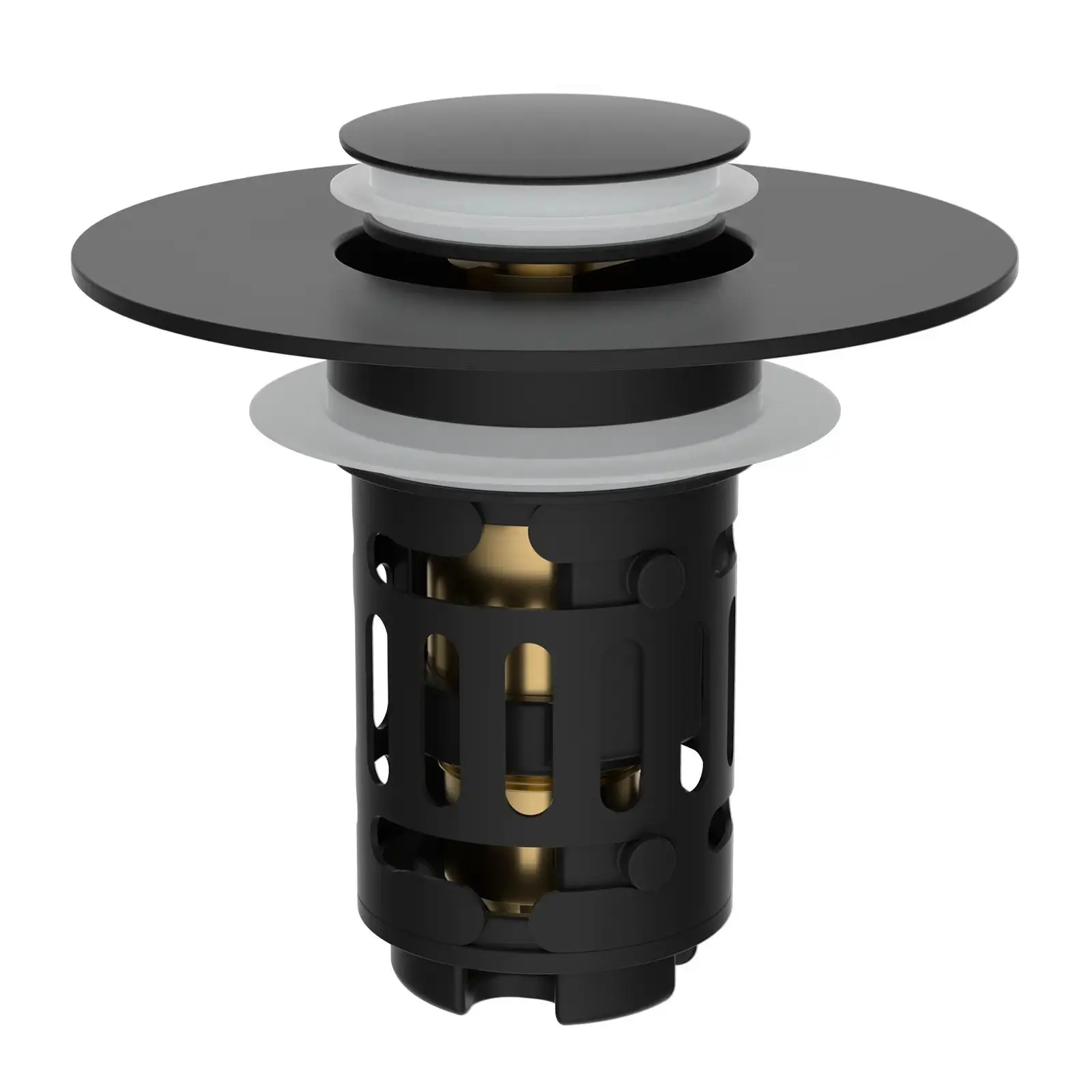 Matte Black 3-In-1 Metal Pop-Up Sink Drain Stopper - Stainless Steel Hair Filter Basket, Brass Sealing Core, Modern Functional Multi-Size Fit for 1.1-2.36 In Household Bathroom Wash Basins, Prevents Pipe Clogs
