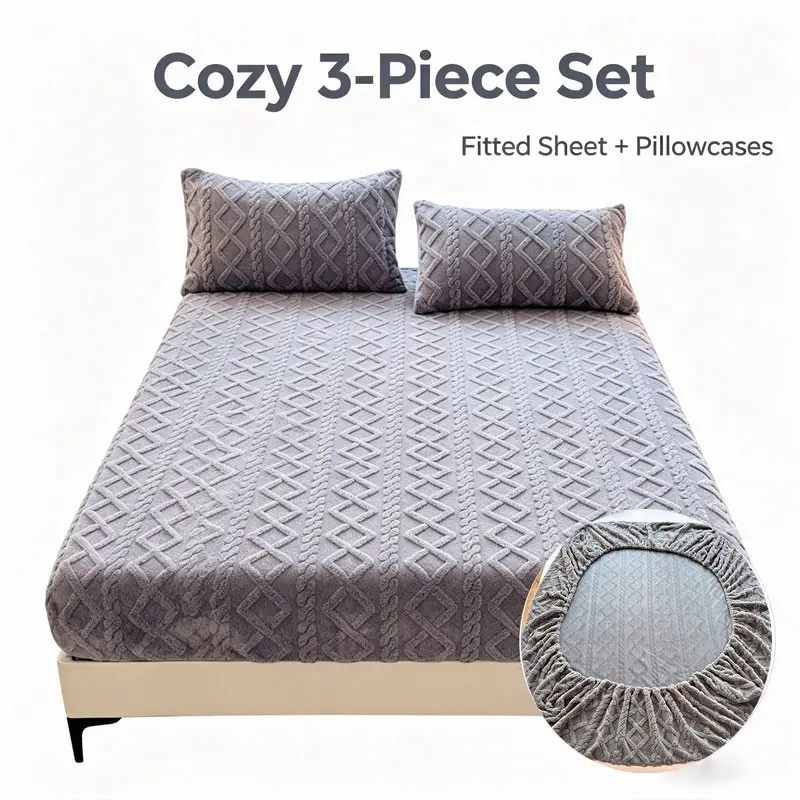 Plaid Jacquard Fuzzy Bed Skirt Set, Geometric Rhombus Pattern, Soft and Comfortable, Includes 1 Bed Skirt and 2 Pillowcases, Elastic Binding, Multiple Colors Available, Ideal for Fall Winter Dormitory Bedding, Cozy Bedding Set