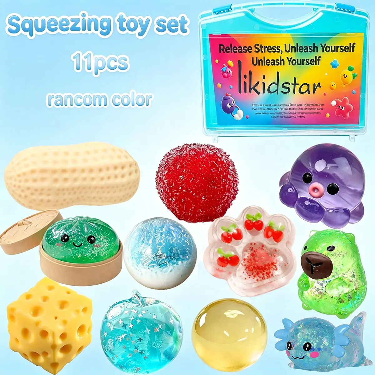 11 piece set of various flashing decompression toys, stress ball kit, random color food, fruit, animal squeezing pressure balls, with portable storage box, used to relieve anxiety, a novel holiday gift for boys and girls